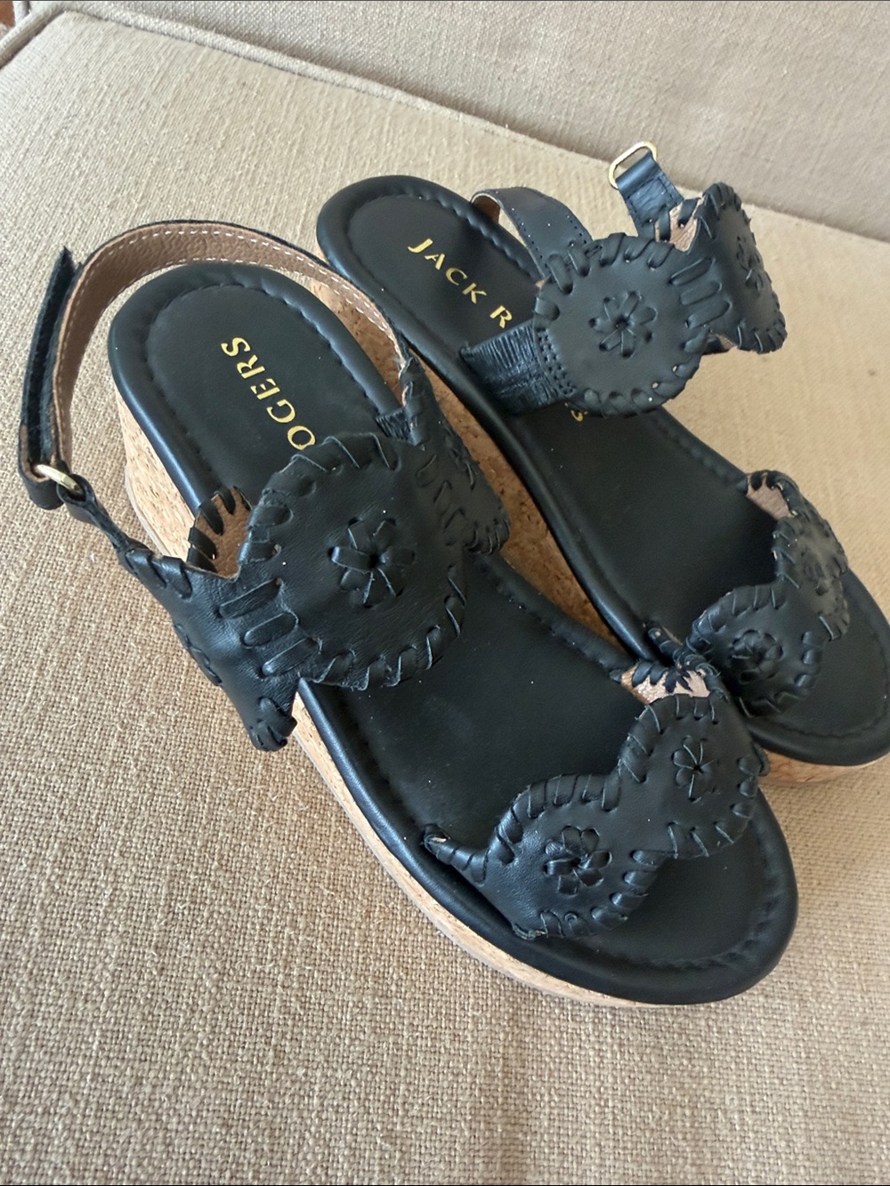 Jack Rodgers Miss Lucia Metallic Black Wedge Sandals - Girls 3.5